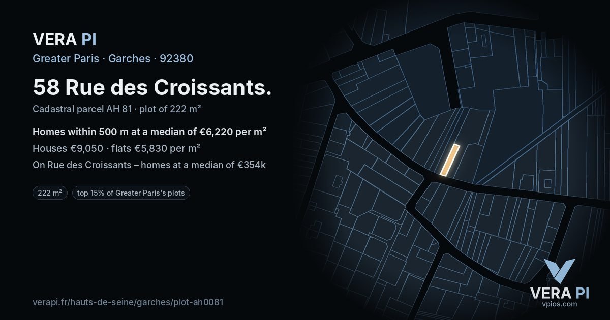 58 Rue des Croissants, Garches at night – the plot lit, the parcels around coloured by the prices near them