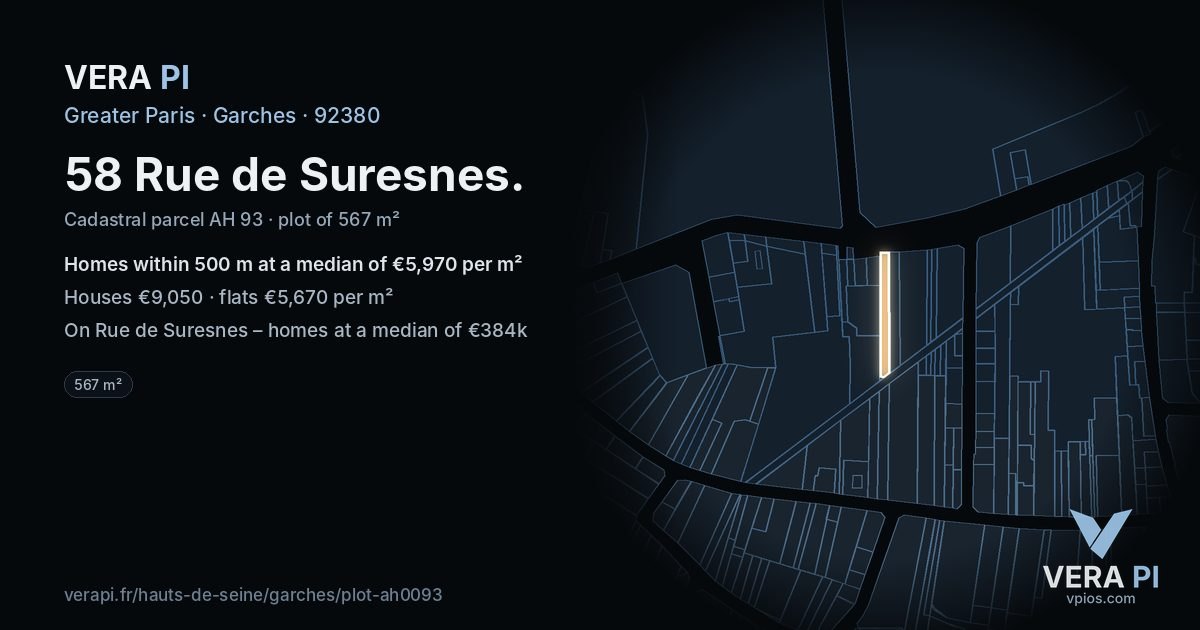 58 Rue de Suresnes, Garches at night – the plot lit, the parcels around coloured by the prices near them