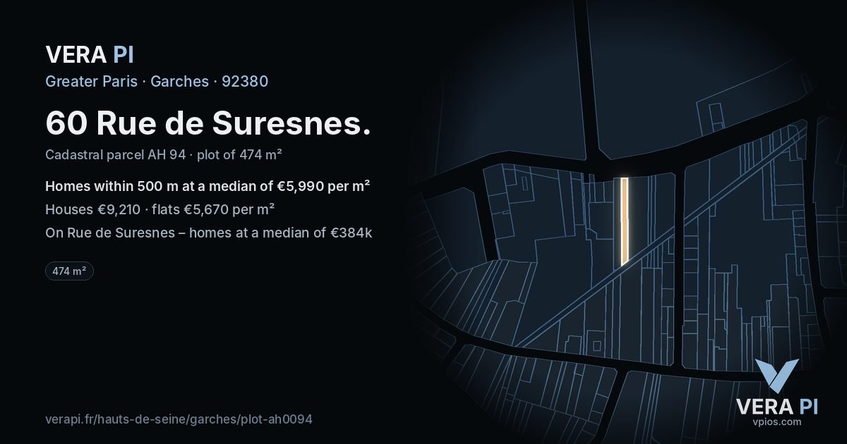 60 Rue de Suresnes, Garches at night – the plot lit, the parcels around coloured by the prices near them
