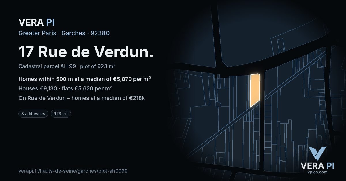 17 Rue de Verdun, Garches at night – the plot lit, the parcels around coloured by the prices near them