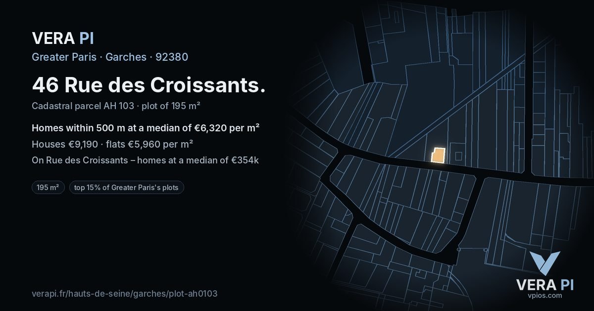 46 Rue des Croissants, Garches at night – the plot lit, the parcels around coloured by the prices near them