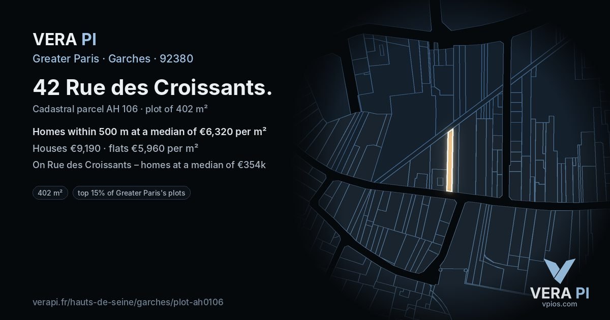 42 Rue des Croissants, Garches at night – the plot lit, the parcels around coloured by the prices near them