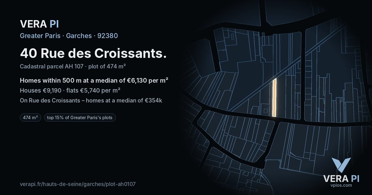 40 Rue des Croissants, Garches at night – the plot lit, the parcels around coloured by the prices near them