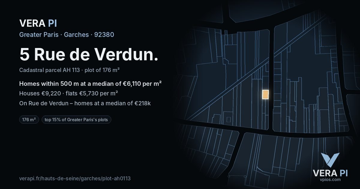 5 Rue de Verdun, Garches at night – the plot lit, the parcels around coloured by the prices near them