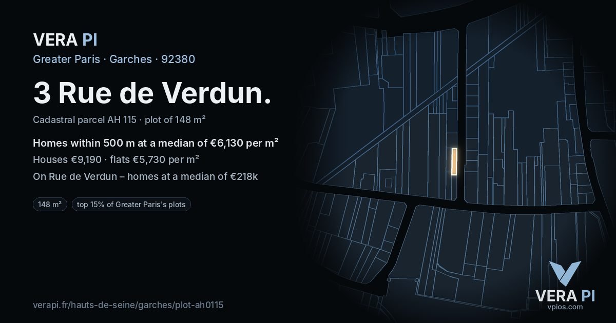 3 Rue de Verdun, Garches at night – the plot lit, the parcels around coloured by the prices near them