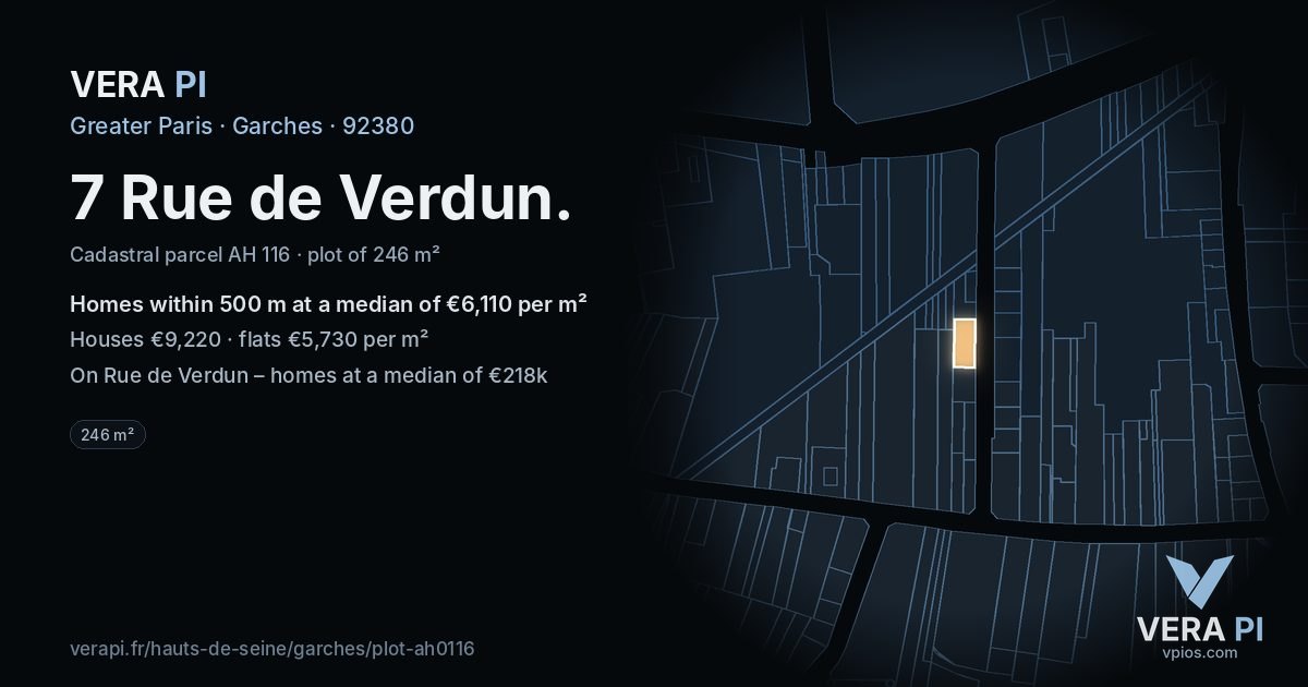 7 Rue de Verdun, Garches at night – the plot lit, the parcels around coloured by the prices near them