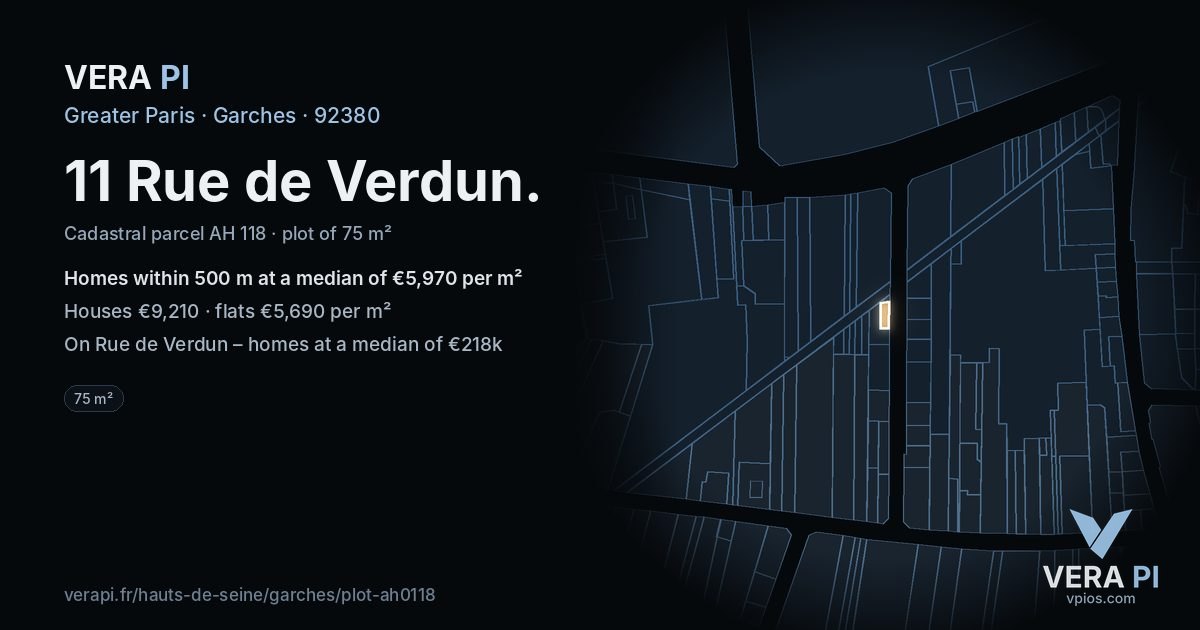11 Rue de Verdun, Garches at night – the plot lit, the parcels around coloured by the prices near them