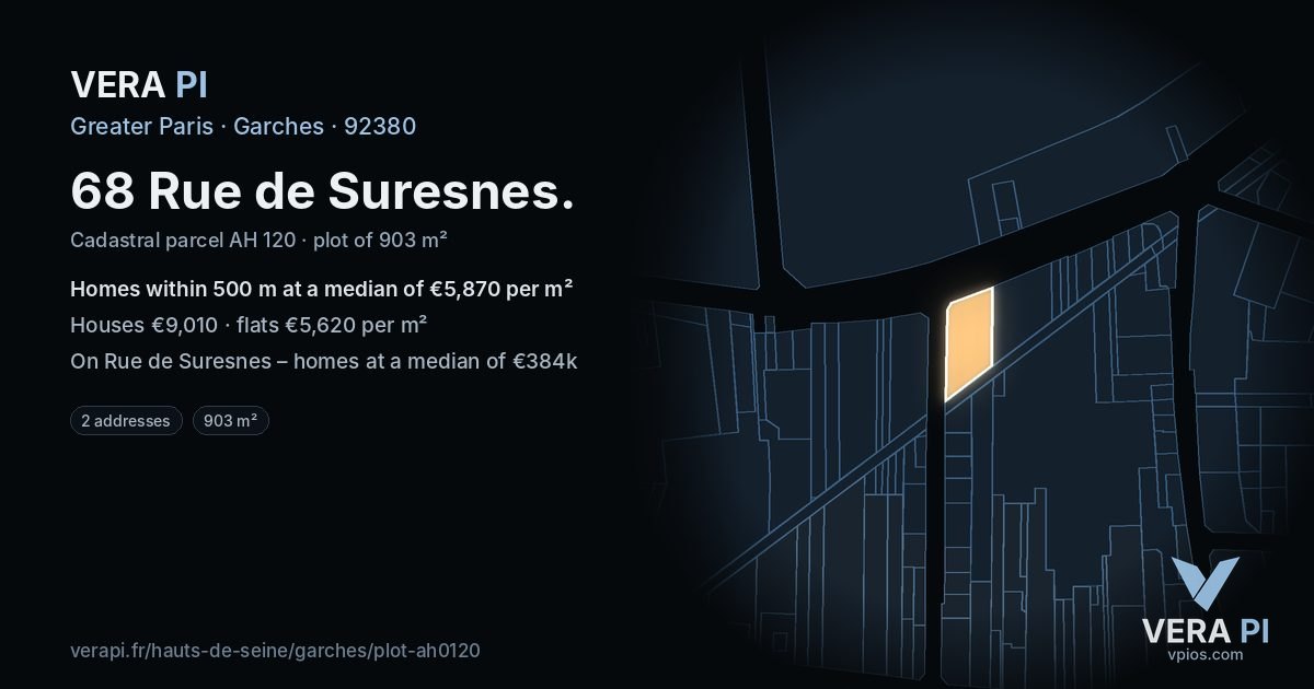68 Rue de Suresnes, Garches at night – the plot lit, the parcels around coloured by the prices near them