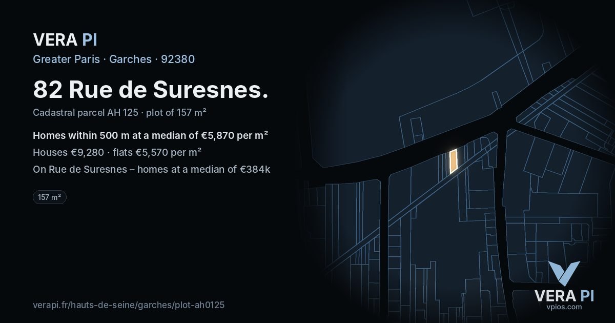 82 Rue de Suresnes, Garches at night – the plot lit, the parcels around coloured by the prices near them