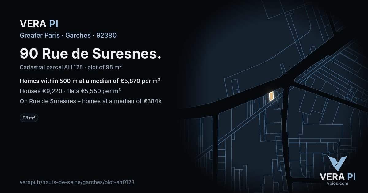 90 Rue de Suresnes, Garches at night – the plot lit, the parcels around coloured by the prices near them