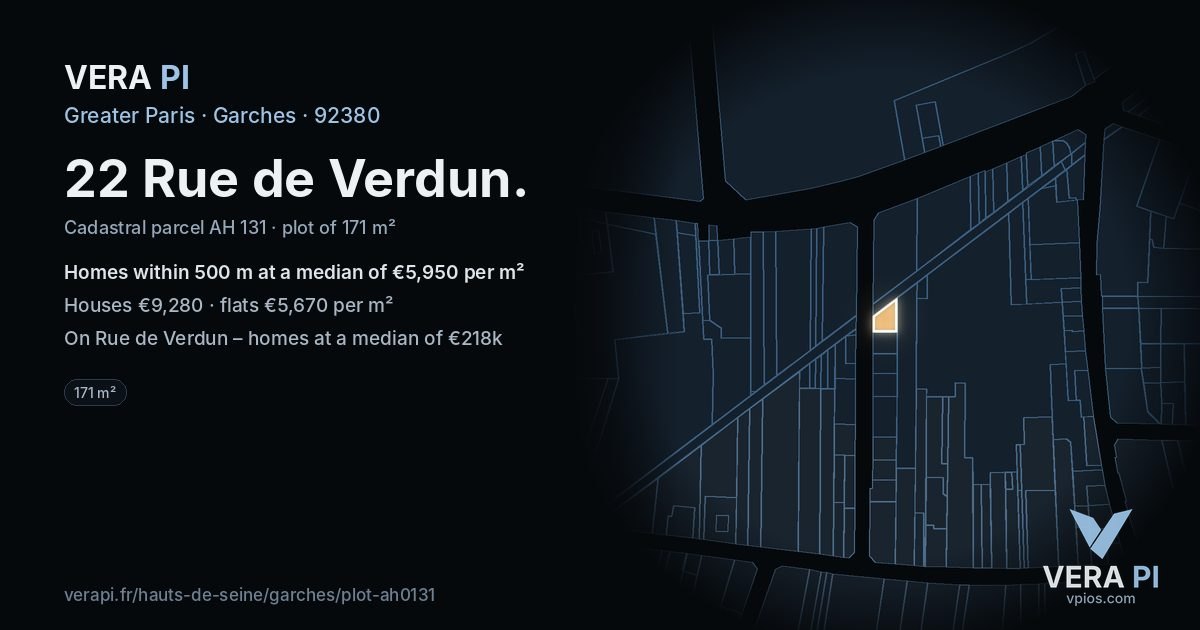 22 Rue de Verdun, Garches at night – the plot lit, the parcels around coloured by the prices near them