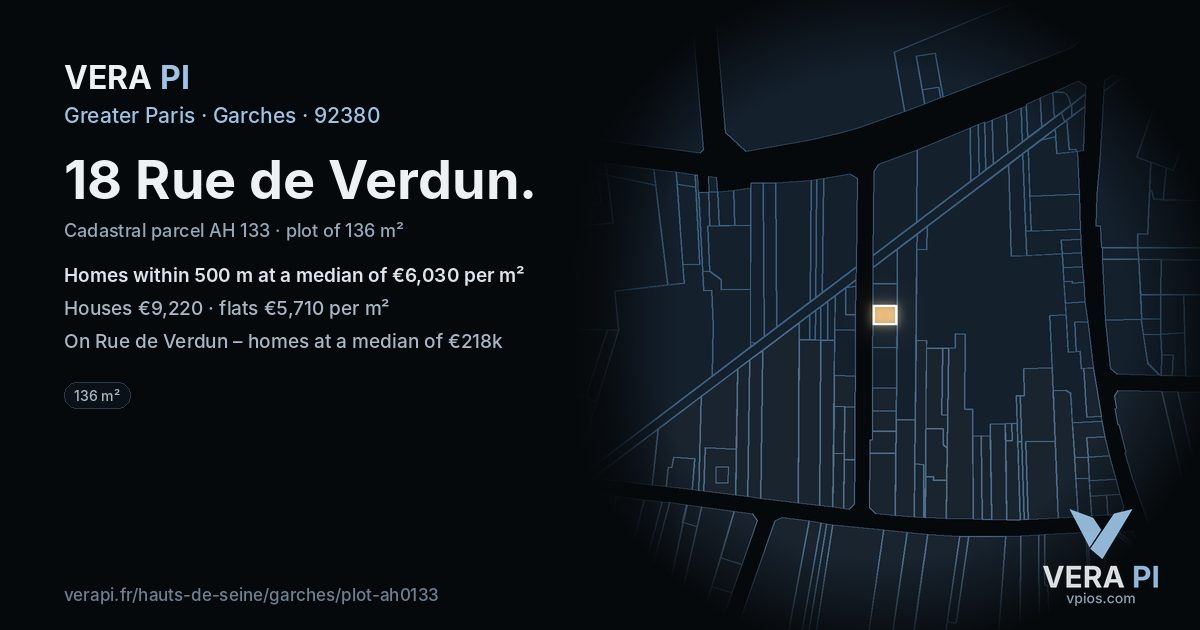 18 Rue de Verdun, Garches at night – the plot lit, the parcels around coloured by the prices near them