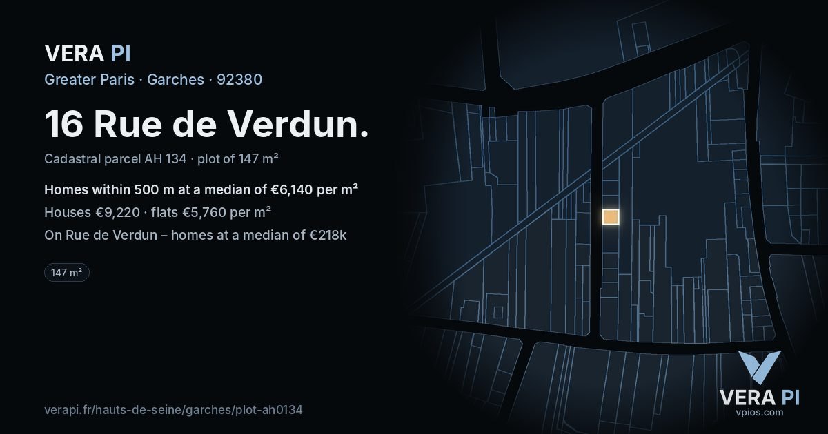 16 Rue de Verdun, Garches at night – the plot lit, the parcels around coloured by the prices near them