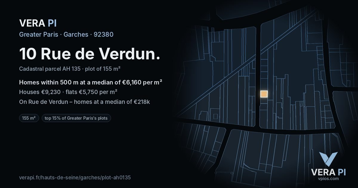 10 Rue de Verdun, Garches at night – the plot lit, the parcels around coloured by the prices near them