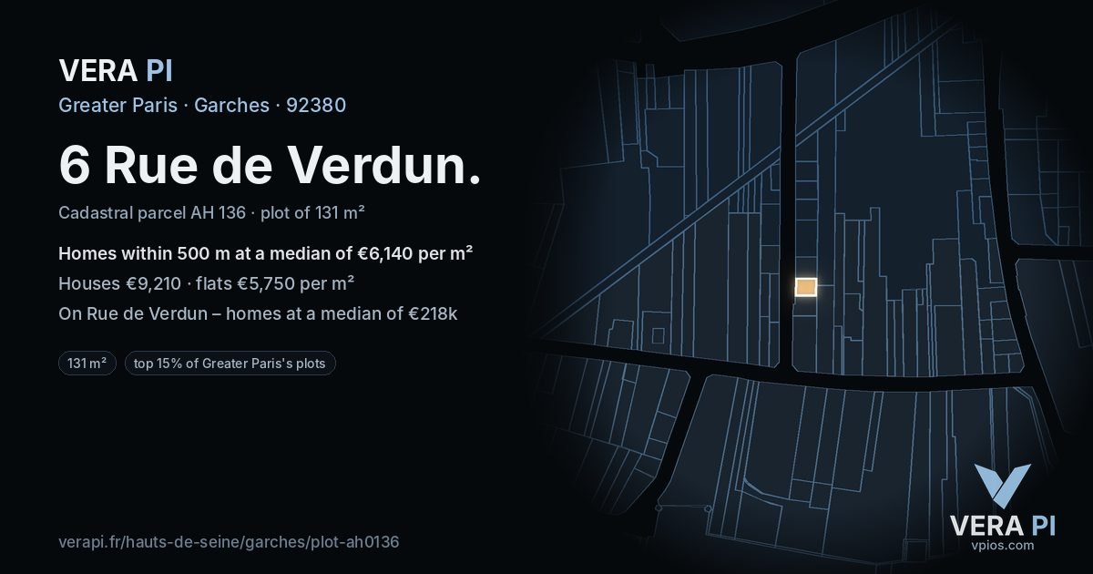 6 Rue de Verdun, Garches at night – the plot lit, the parcels around coloured by the prices near them