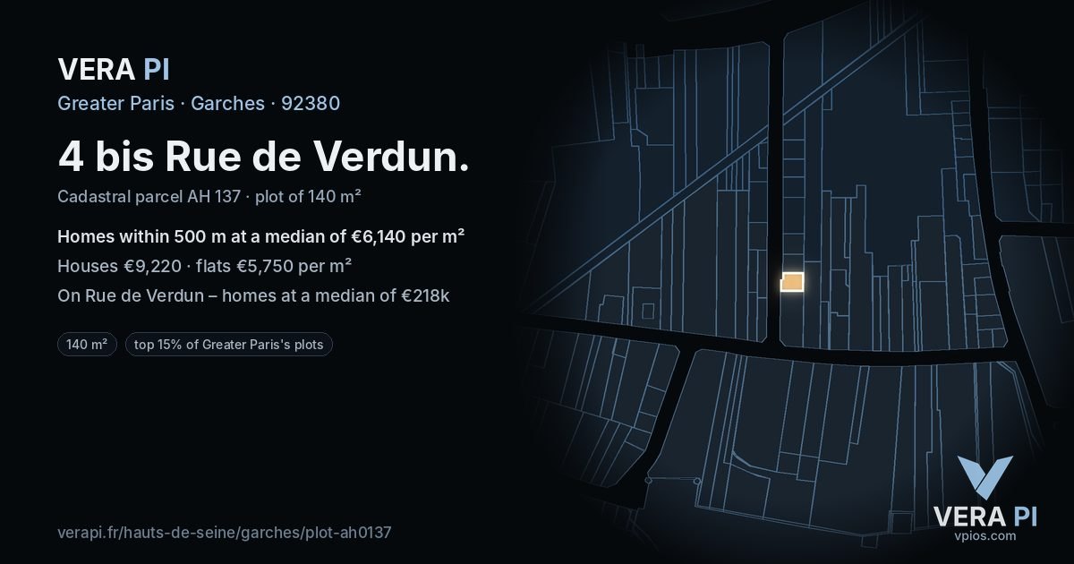 4 bis Rue de Verdun, Garches at night – the plot lit, the parcels around coloured by the prices near them