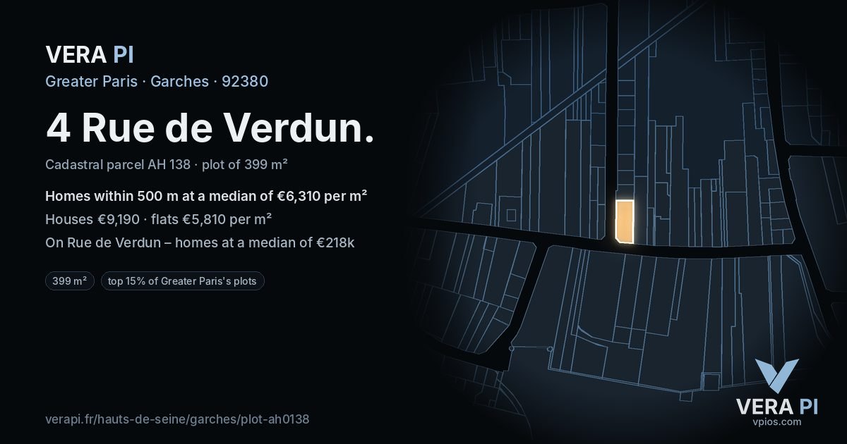 4 Rue de Verdun, Garches at night – the plot lit, the parcels around coloured by the prices near them