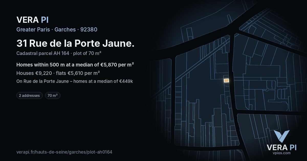31 Rue de la Porte Jaune, Garches at night – the plot lit, the parcels around coloured by the prices near them