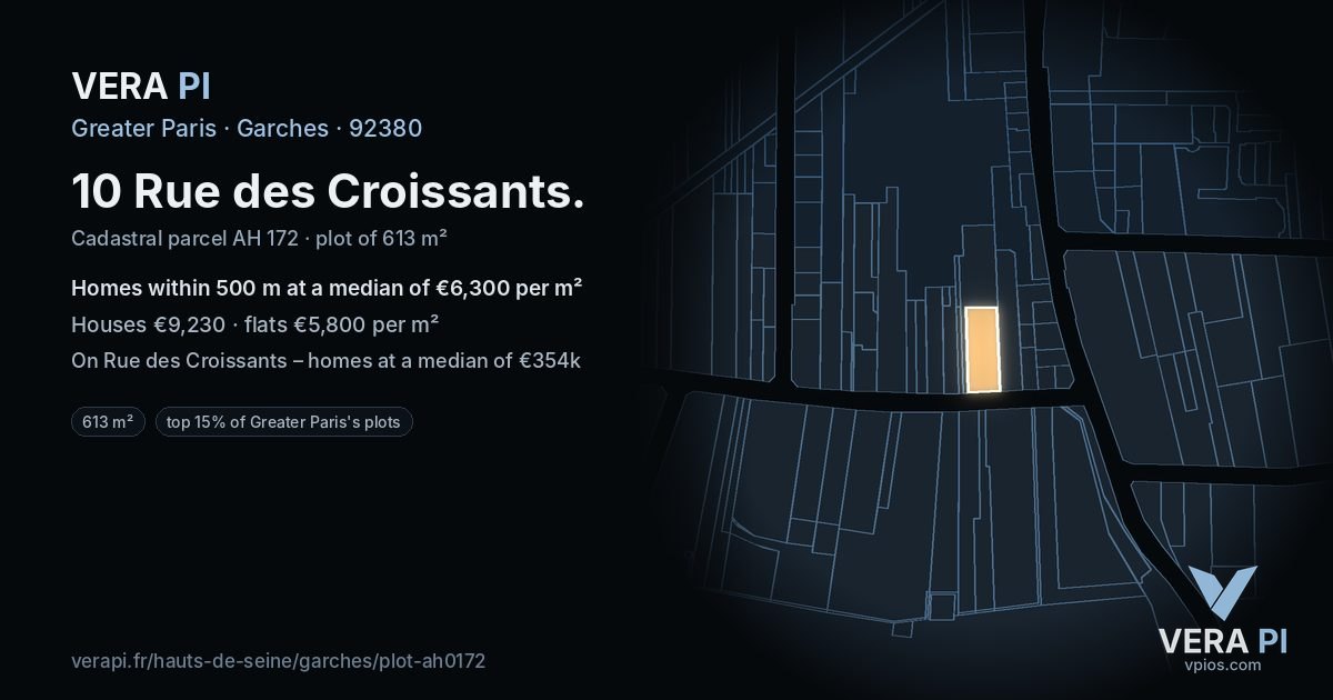 10 Rue des Croissants, Garches at night – the plot lit, the parcels around coloured by the prices near them