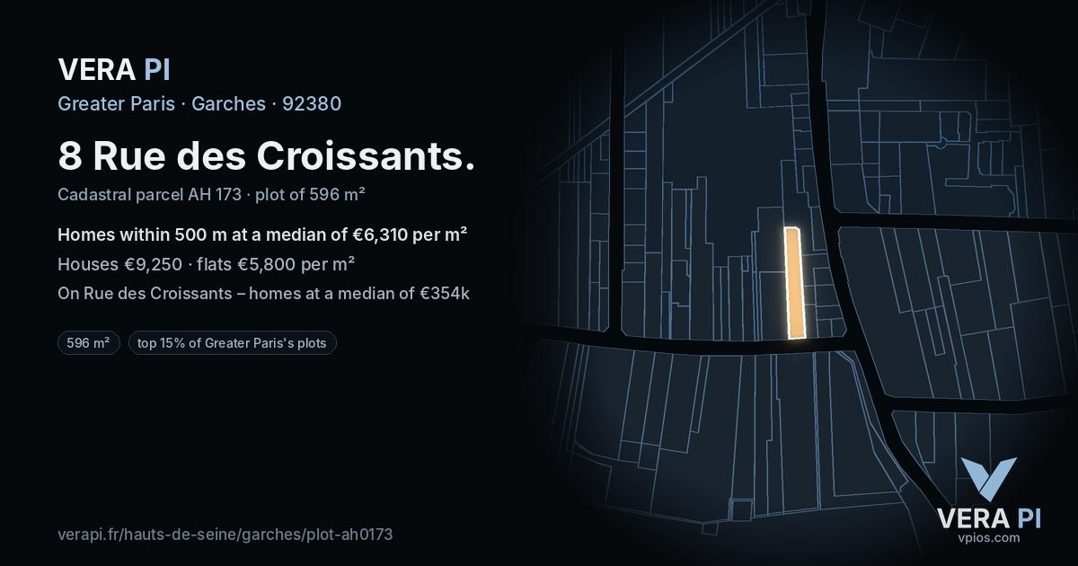 8 Rue des Croissants, Garches at night – the plot lit, the parcels around coloured by the prices near them