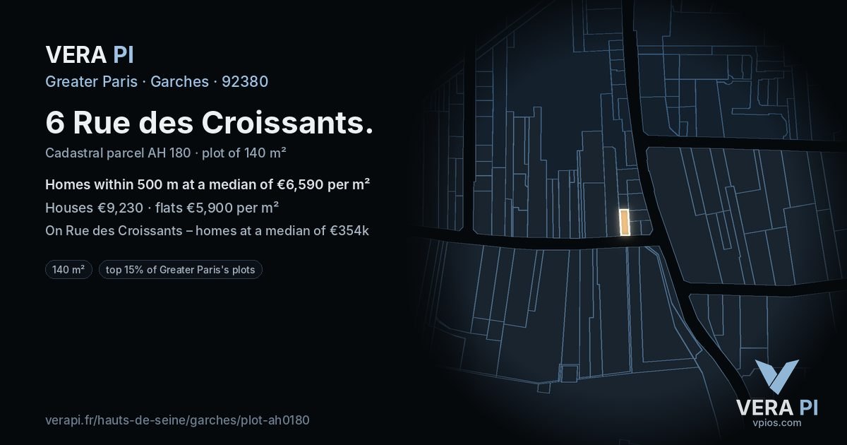 6 Rue des Croissants, Garches at night – the plot lit, the parcels around coloured by the prices near them