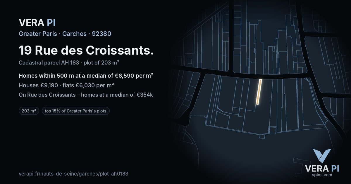 19 Rue des Croissants, Garches at night – the plot lit, the parcels around coloured by the prices near them