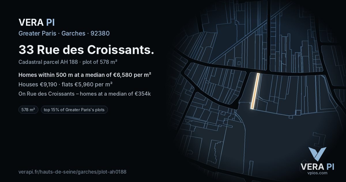 33 Rue des Croissants, Garches at night – the plot lit, the parcels around coloured by the prices near them