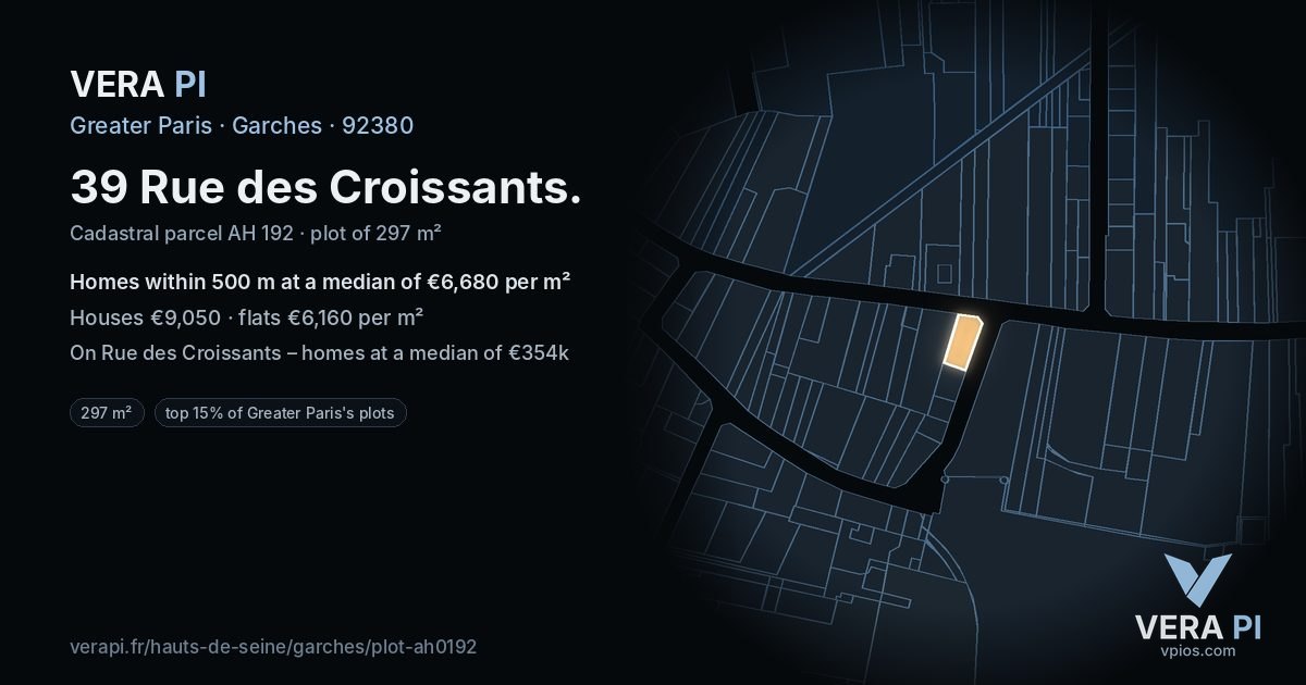 39 Rue des Croissants, Garches at night – the plot lit, the parcels around coloured by the prices near them