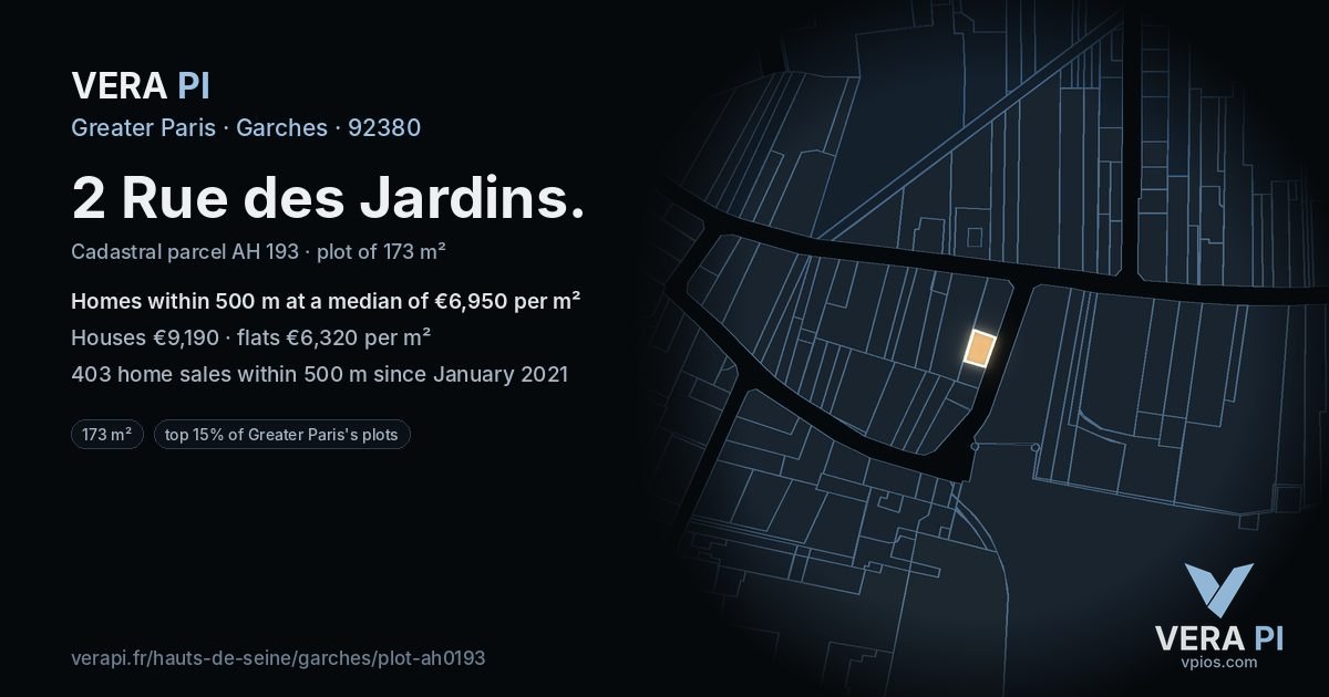 2 Rue des Jardins, Garches at night – the plot lit, the parcels around coloured by the prices near them