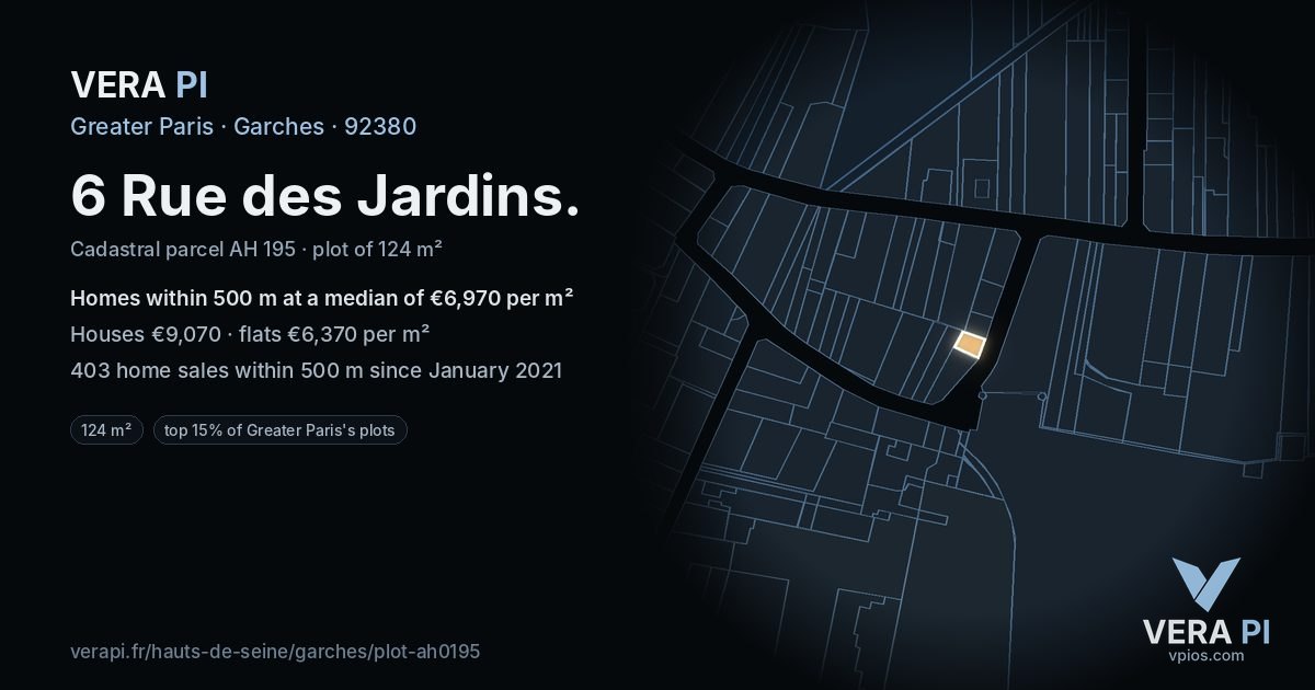 6 Rue des Jardins, Garches at night – the plot lit, the parcels around coloured by the prices near them