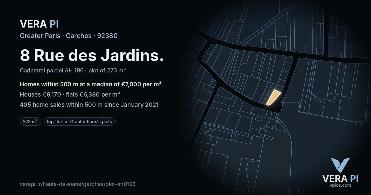 8 Rue des Jardins, Garches at night – the plot lit, the parcels around coloured by the prices near them