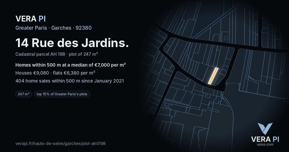 14 Rue des Jardins, Garches at night – the plot lit, the parcels around coloured by the prices near them