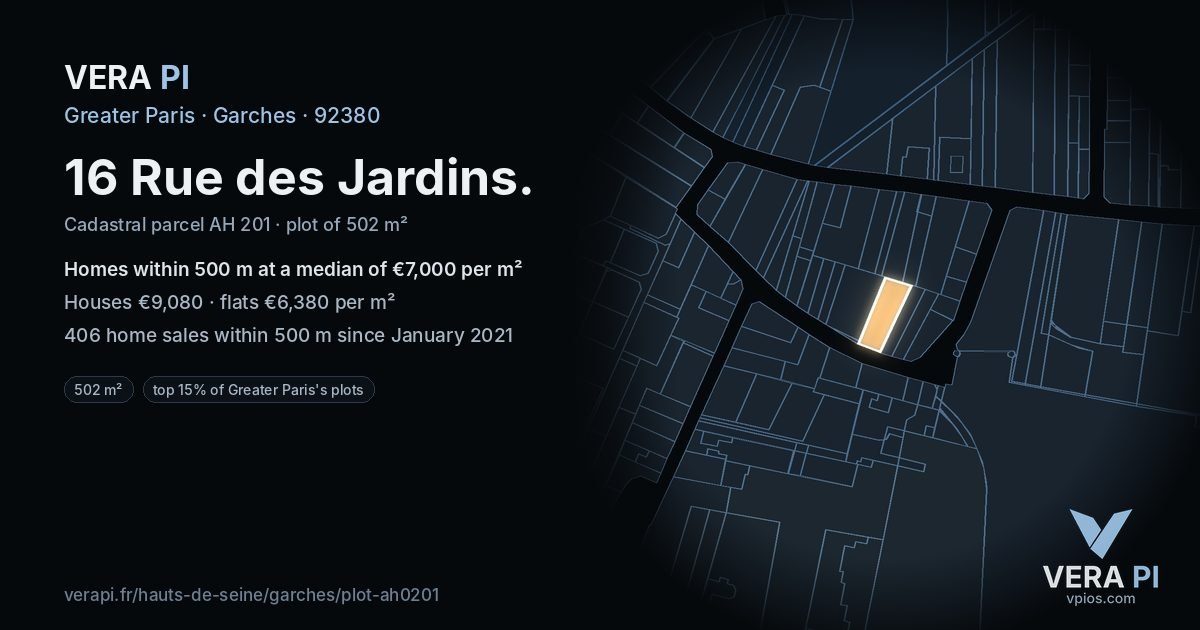16 Rue des Jardins, Garches at night – the plot lit, the parcels around coloured by the prices near them