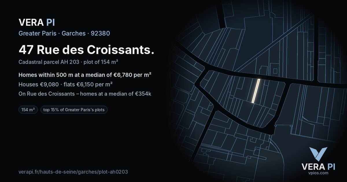 47 Rue des Croissants, Garches at night – the plot lit, the parcels around coloured by the prices near them