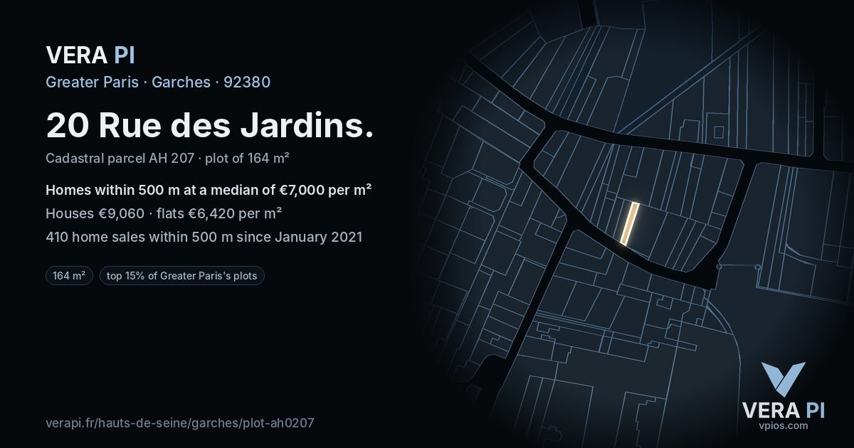 20 Rue des Jardins, Garches at night – the plot lit, the parcels around coloured by the prices near them