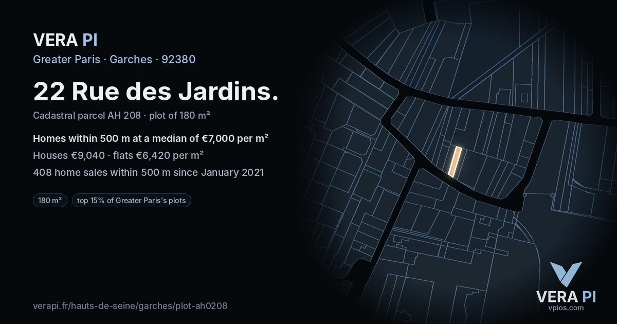22 Rue des Jardins, Garches at night – the plot lit, the parcels around coloured by the prices near them