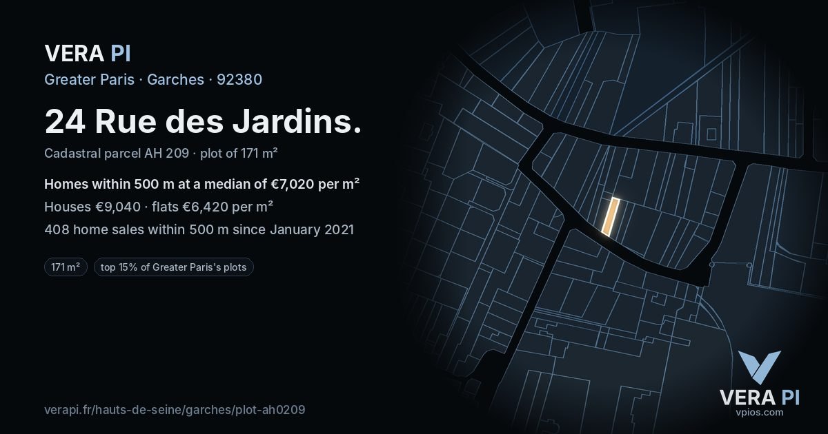 24 Rue des Jardins, Garches at night – the plot lit, the parcels around coloured by the prices near them