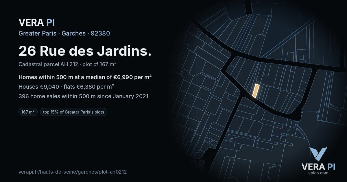 26 Rue des Jardins, Garches at night – the plot lit, the parcels around coloured by the prices near them