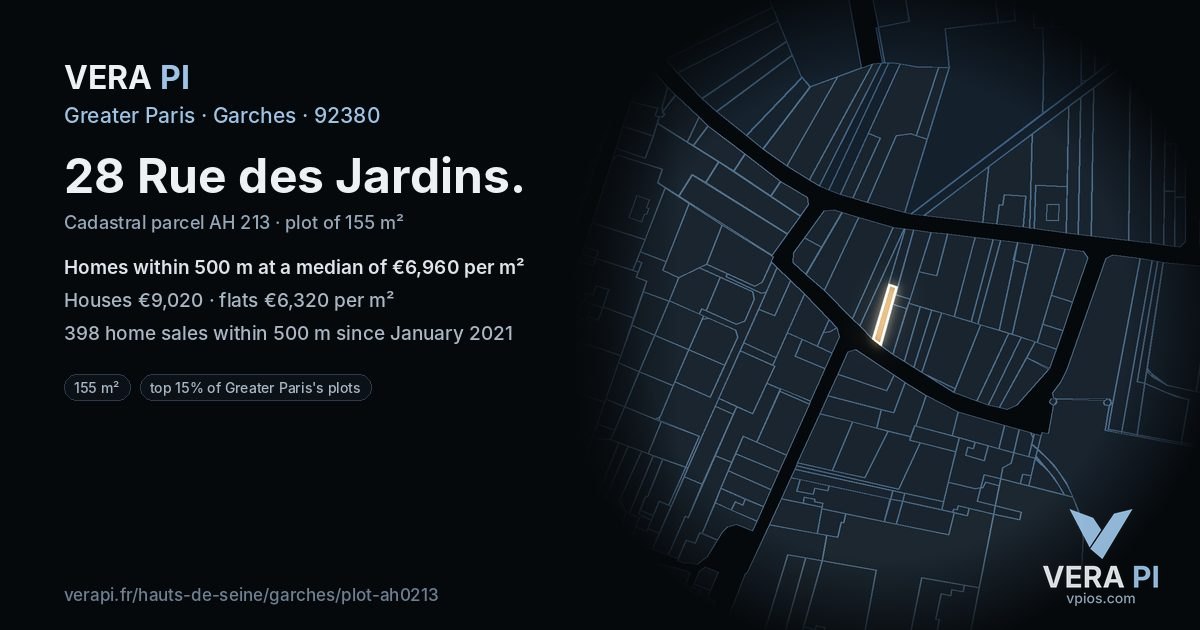 28 Rue des Jardins, Garches at night – the plot lit, the parcels around coloured by the prices near them