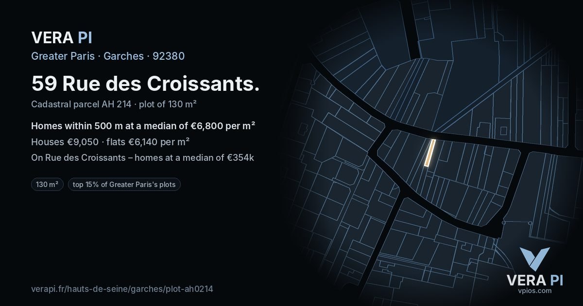 59 Rue des Croissants, Garches at night – the plot lit, the parcels around coloured by the prices near them