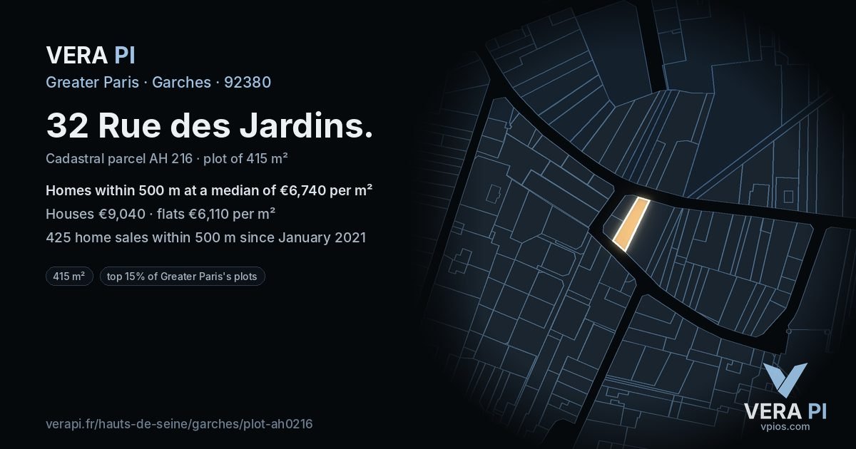 32 Rue des Jardins, Garches at night – the plot lit, the parcels around coloured by the prices near them