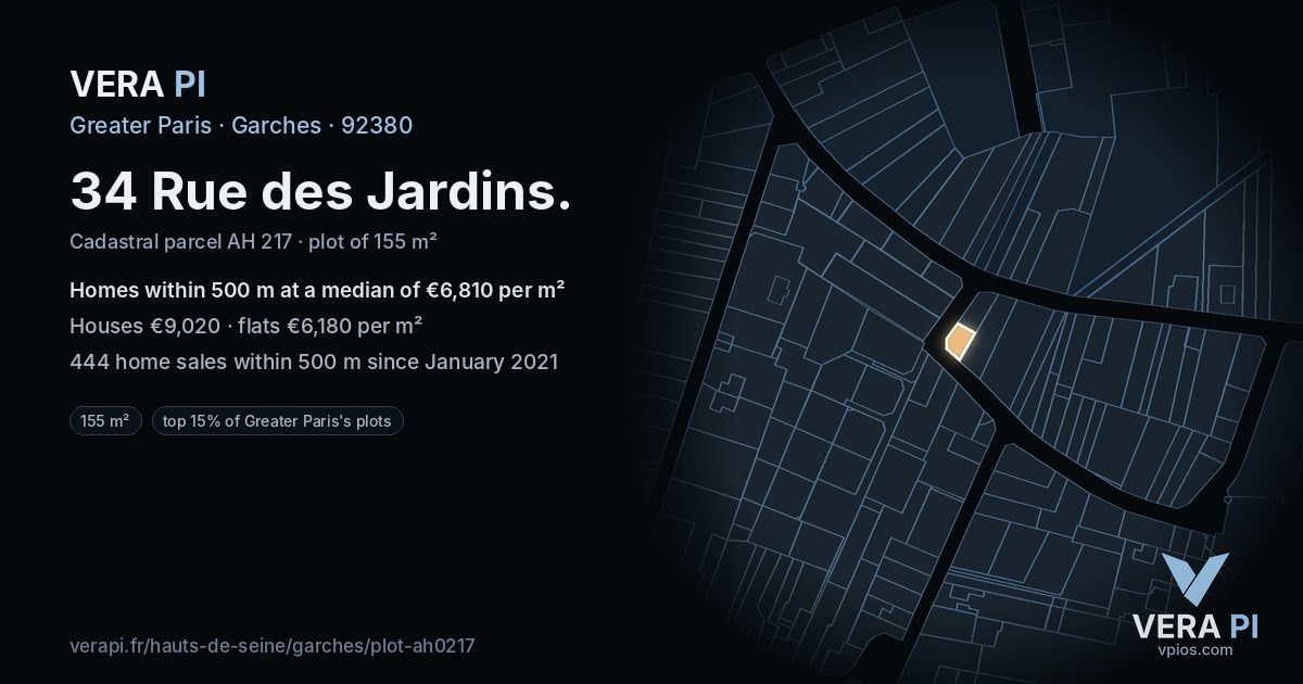 34 Rue des Jardins, Garches at night – the plot lit, the parcels around coloured by the prices near them