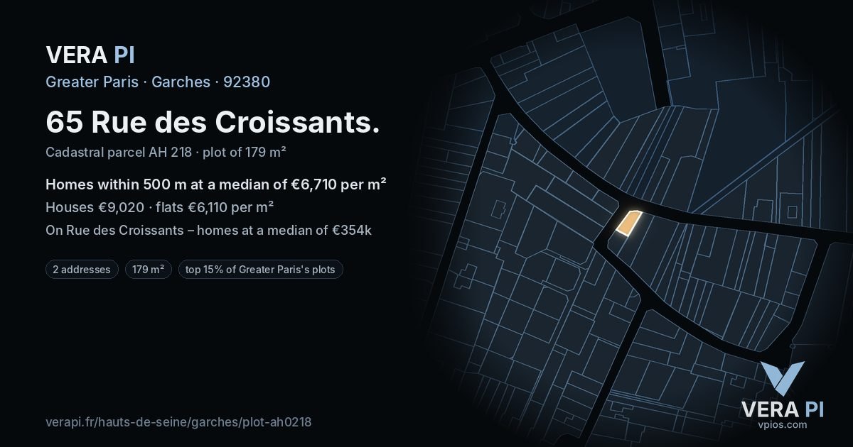 65 Rue des Croissants, Garches at night – the plot lit, the parcels around coloured by the prices near them