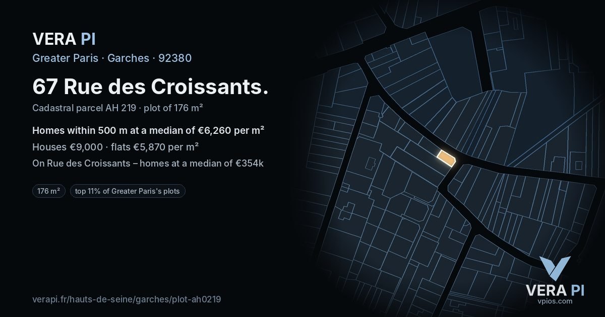 67 Rue des Croissants, Garches at night – the plot lit, the parcels around coloured by the prices near them