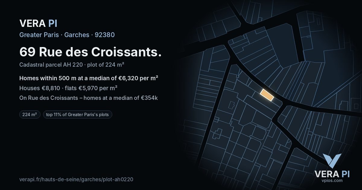69 Rue des Croissants, Garches at night – the plot lit, the parcels around coloured by the prices near them
