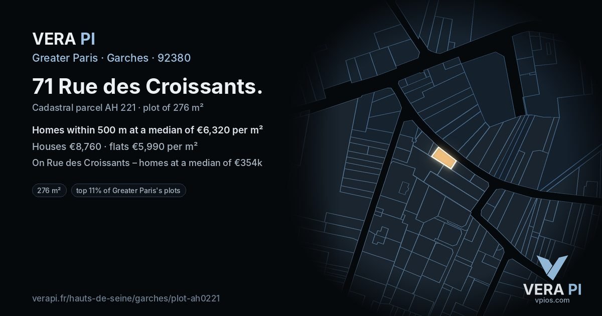 71 Rue des Croissants, Garches at night – the plot lit, the parcels around coloured by the prices near them