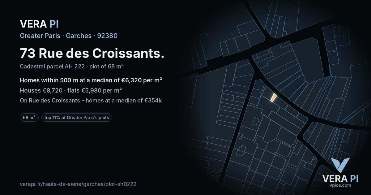 73 Rue des Croissants, Garches at night – the plot lit, the parcels around coloured by the prices near them