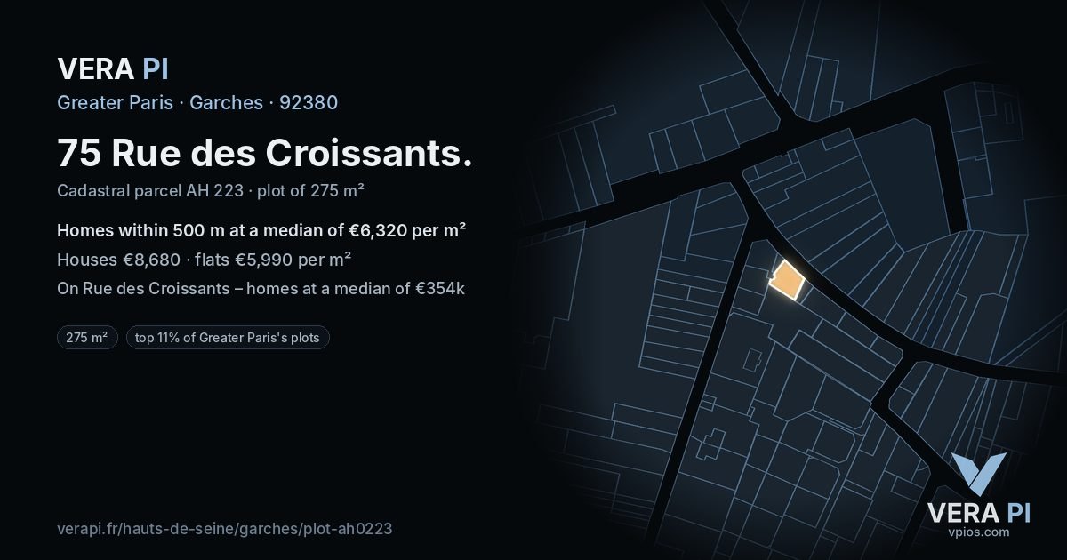 75 Rue des Croissants, Garches at night – the plot lit, the parcels around coloured by the prices near them