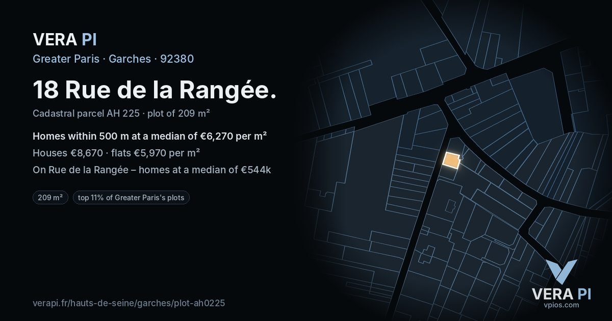 18 Rue de la Rangée, Garches at night – the plot lit, the parcels around coloured by the prices near them