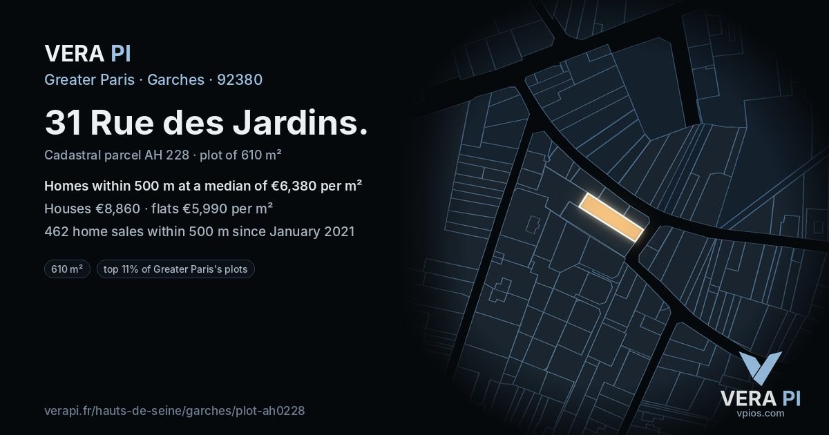 31 Rue des Jardins, Garches at night – the plot lit, the parcels around coloured by the prices near them